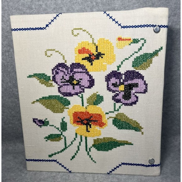 Handcrafted Greeting Card Keeper Binder Fabric Cross Stitch Pansies Organizer - Picture 3 of 16